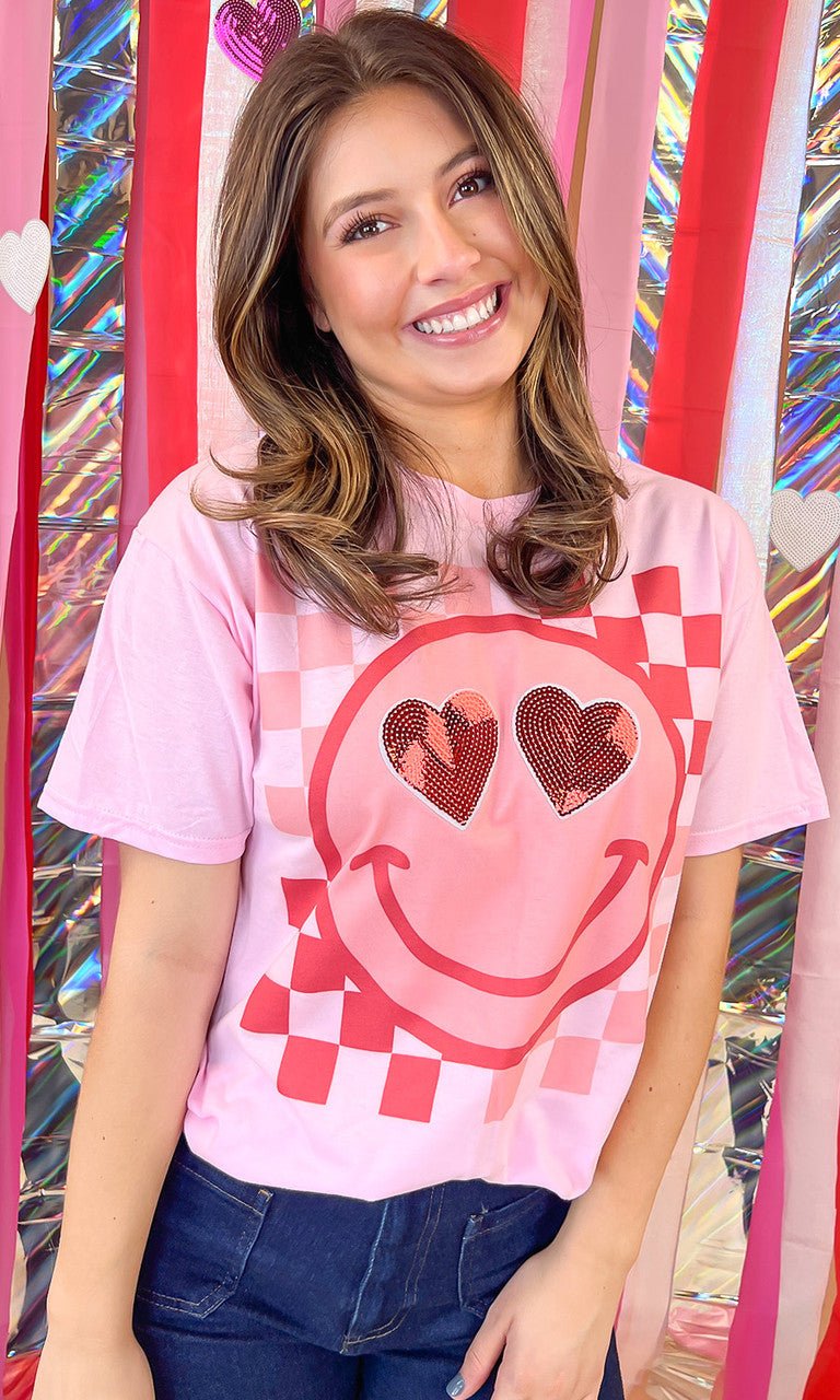 Valentine Sequin Smiley Graphic T-Shirt - Free Spirited