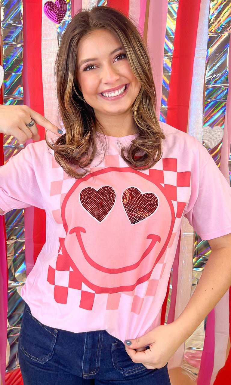 Valentine Sequin Smiley Graphic T-Shirt - Free Spirited