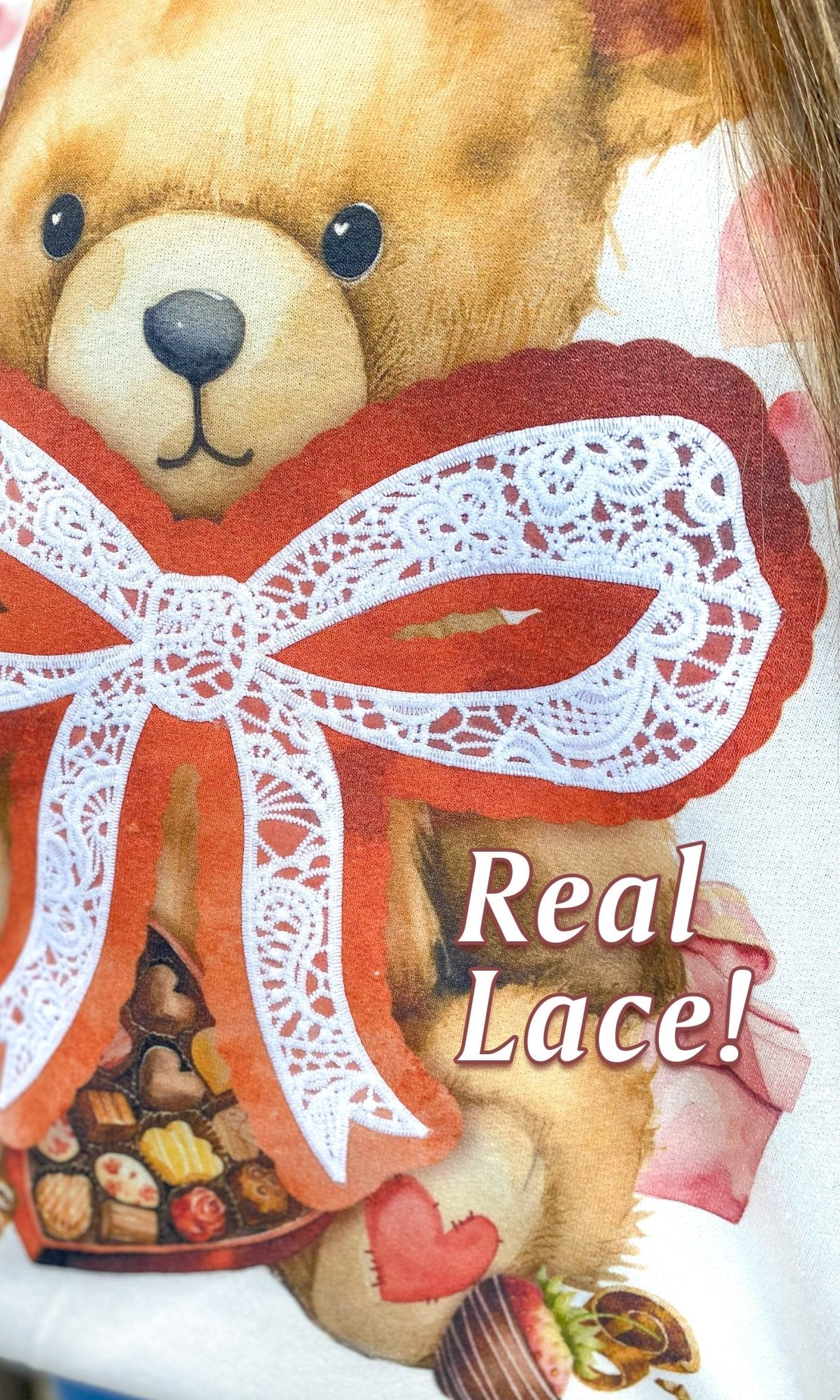 Valentine Teddy Bear Lace Graphic Sweatshirt - Free Spirited