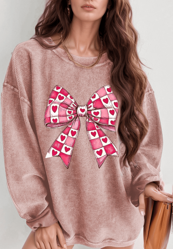Valentine’s Day Bow Drop Shoulder Long Sleeve Sweatshirt - Free Spirited