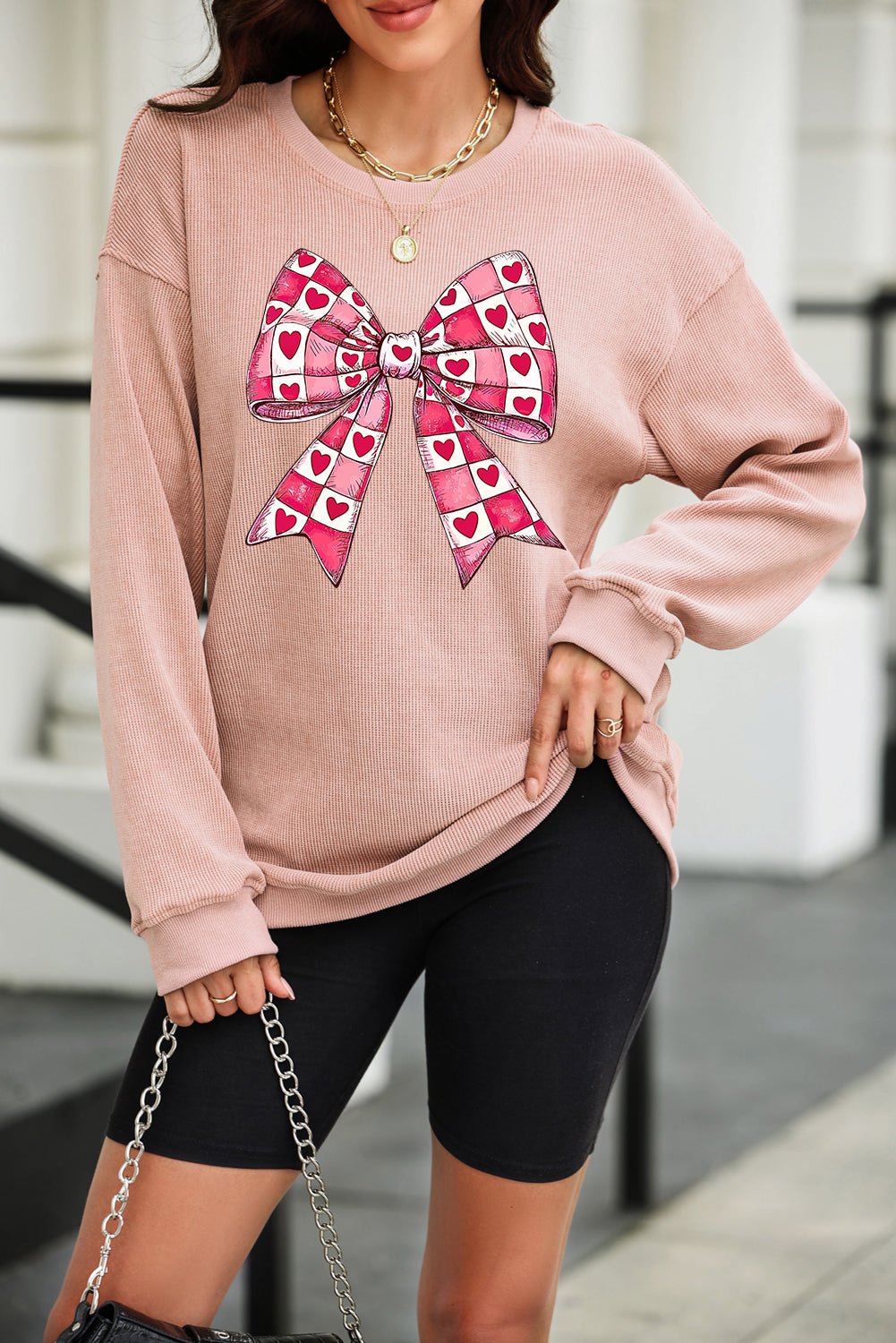 Valentine’s Day Bow Drop Shoulder Long Sleeve Sweatshirt - Free Spirited