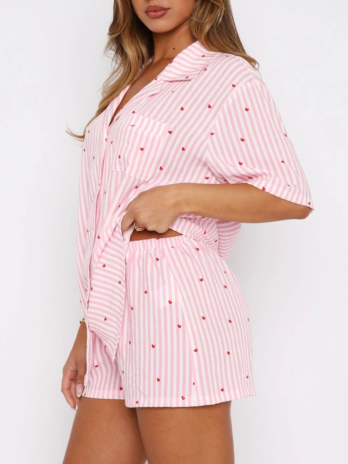 Valentine's Day Printed Collared Neck Short Sleeve Top and Shorts Set - Free Spirited