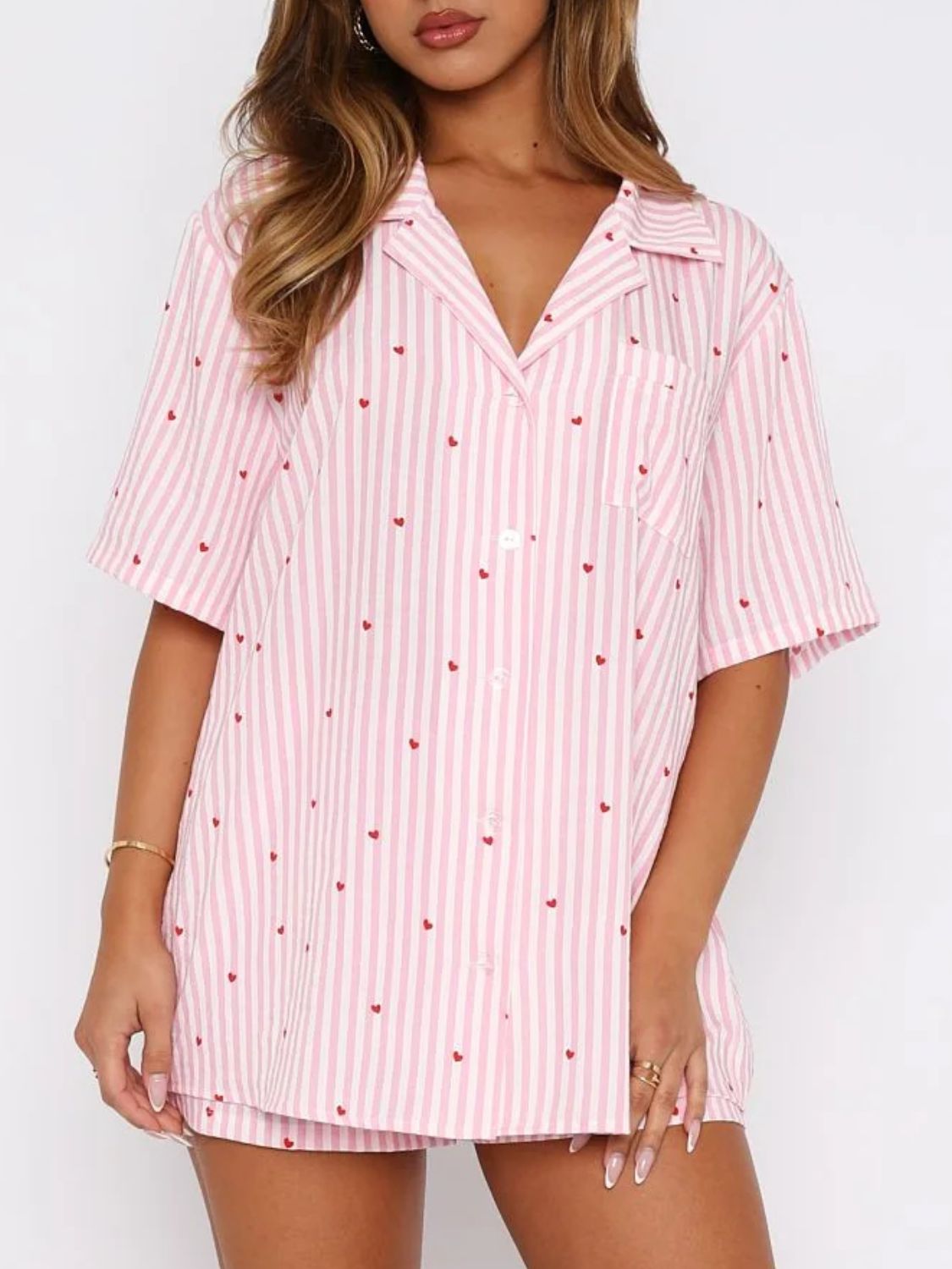Valentine's Day Printed Collared Neck Short Sleeve Top and Shorts Set - Free Spirited