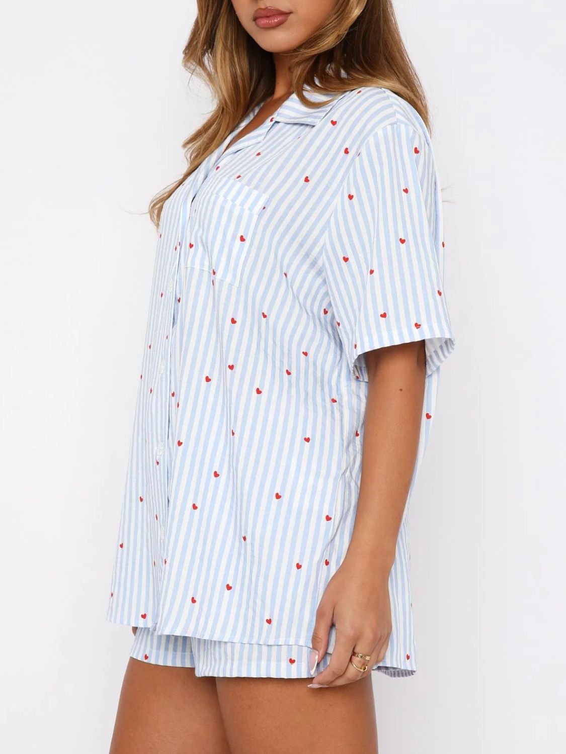 Valentine's Day Printed Collared Neck Short Sleeve Top and Shorts Set - Free Spirited