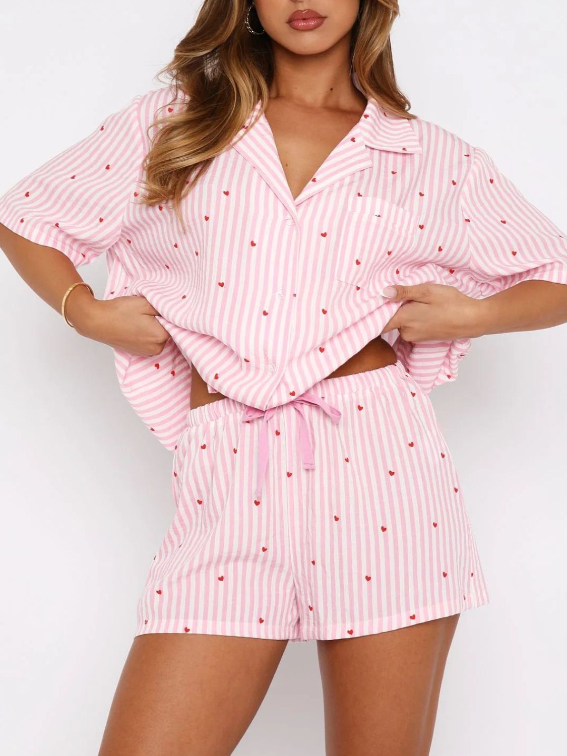 Valentine's Day Printed Collared Neck Short Sleeve Top and Shorts Set - Free Spirited