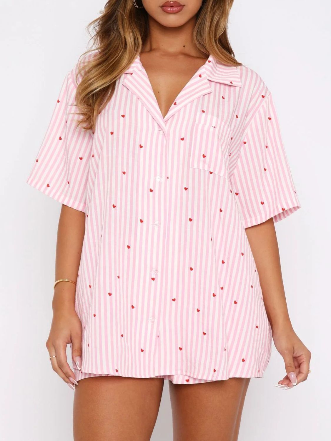 Valentine's Day Printed Collared Neck Short Sleeve Top and Shorts Set - Free Spirited