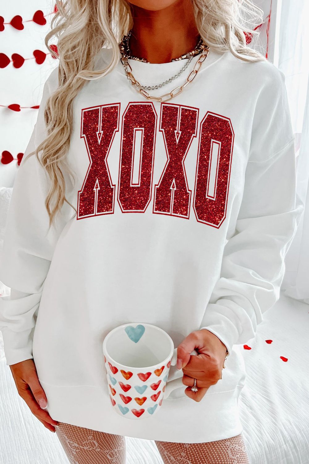 Valentine’s Day XOXO Glitter Round Neck Sweatshirt - Free Spirited