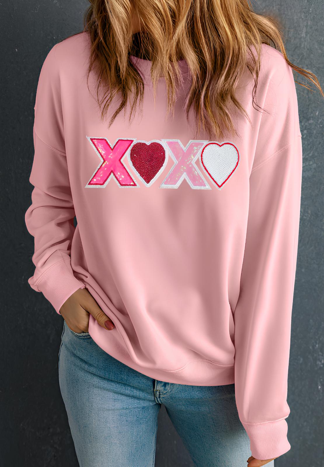 Valentine’s Day XOXO Round Neck Long Sleeve Sweatshirt - Free Spirited