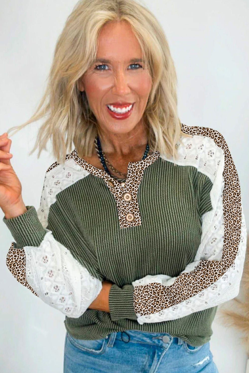 Vineyard Green Texture Patchwork Lace Sleeve Leopard Henley Top - Free Spirited