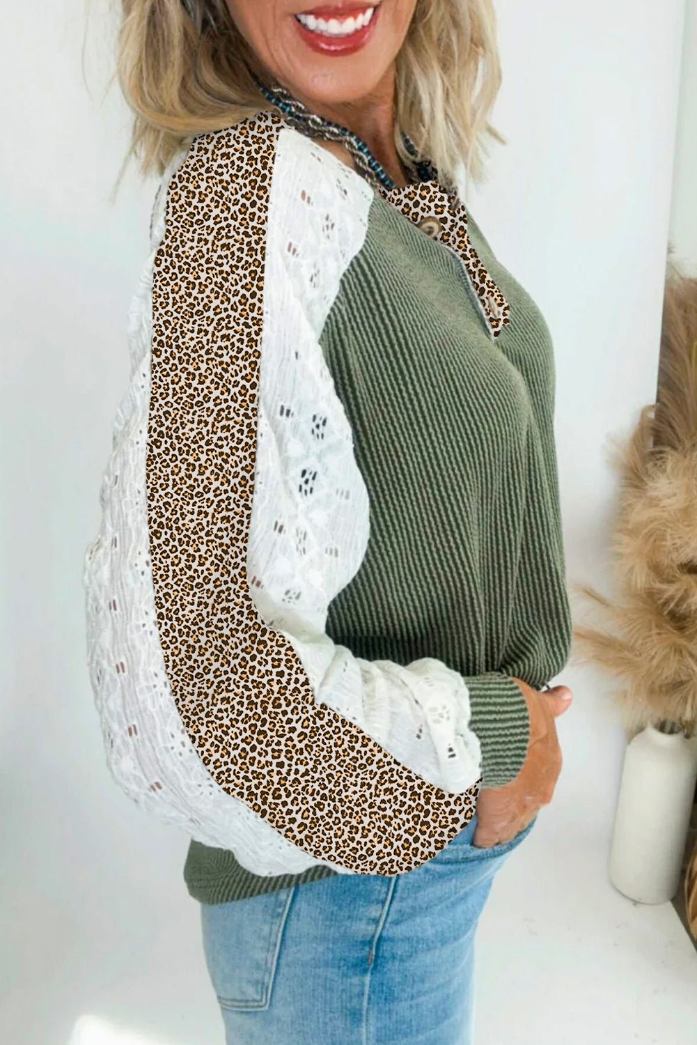 Vineyard Green Texture Patchwork Lace Sleeve Leopard Henley Top - Free Spirited