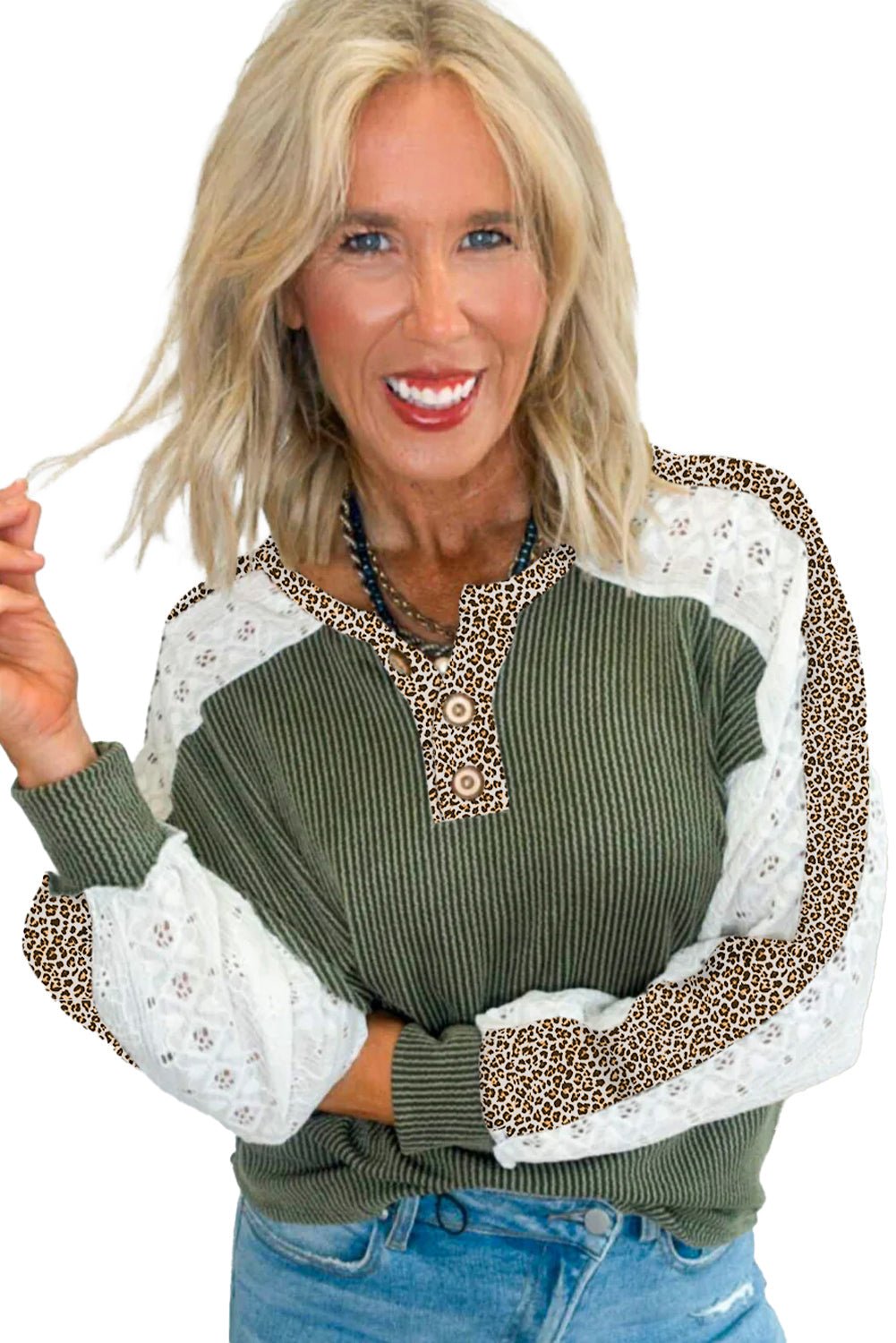 Vineyard Green Texture Patchwork Lace Sleeve Leopard Henley Top - Free Spirited