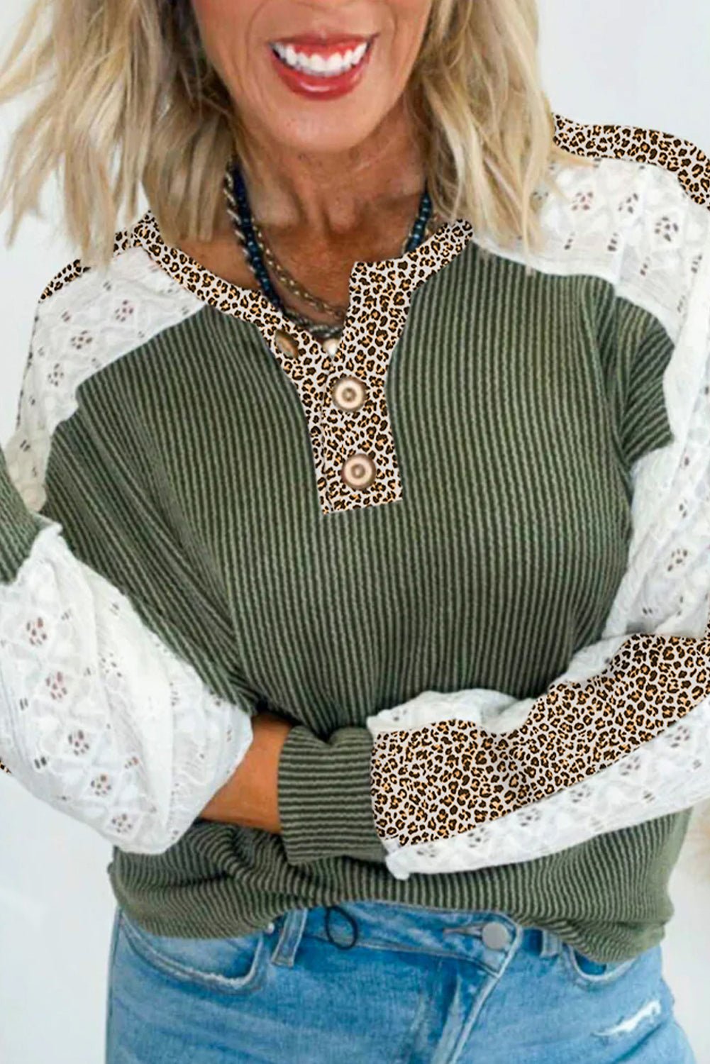 Vineyard Green Texture Patchwork Lace Sleeve Leopard Henley Top - Free Spirited