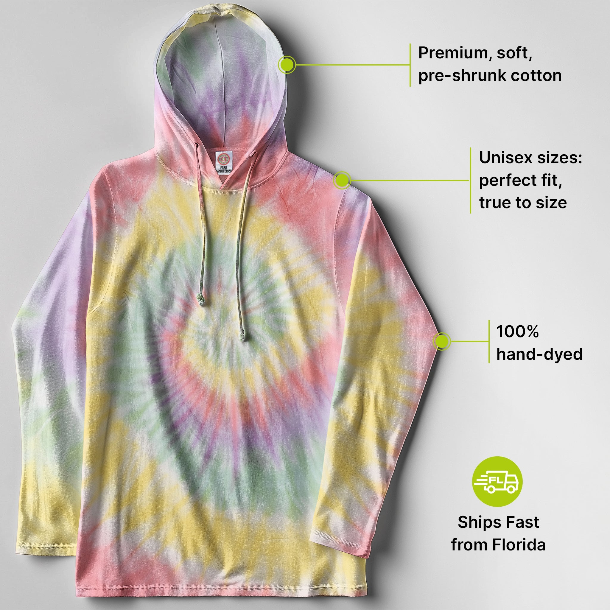 Zen Rainbow Hand - Dyed Long Sleeve Hoodie - Free Spirited